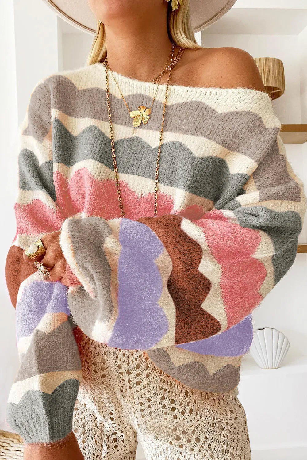 Boat Neck Long Sleeve Sweater-BT8D
