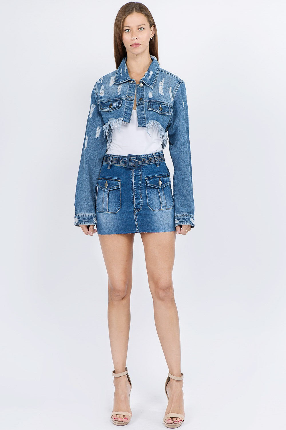 American Bazi Distressed Denim Jacket with Frayed Hem-BT8D