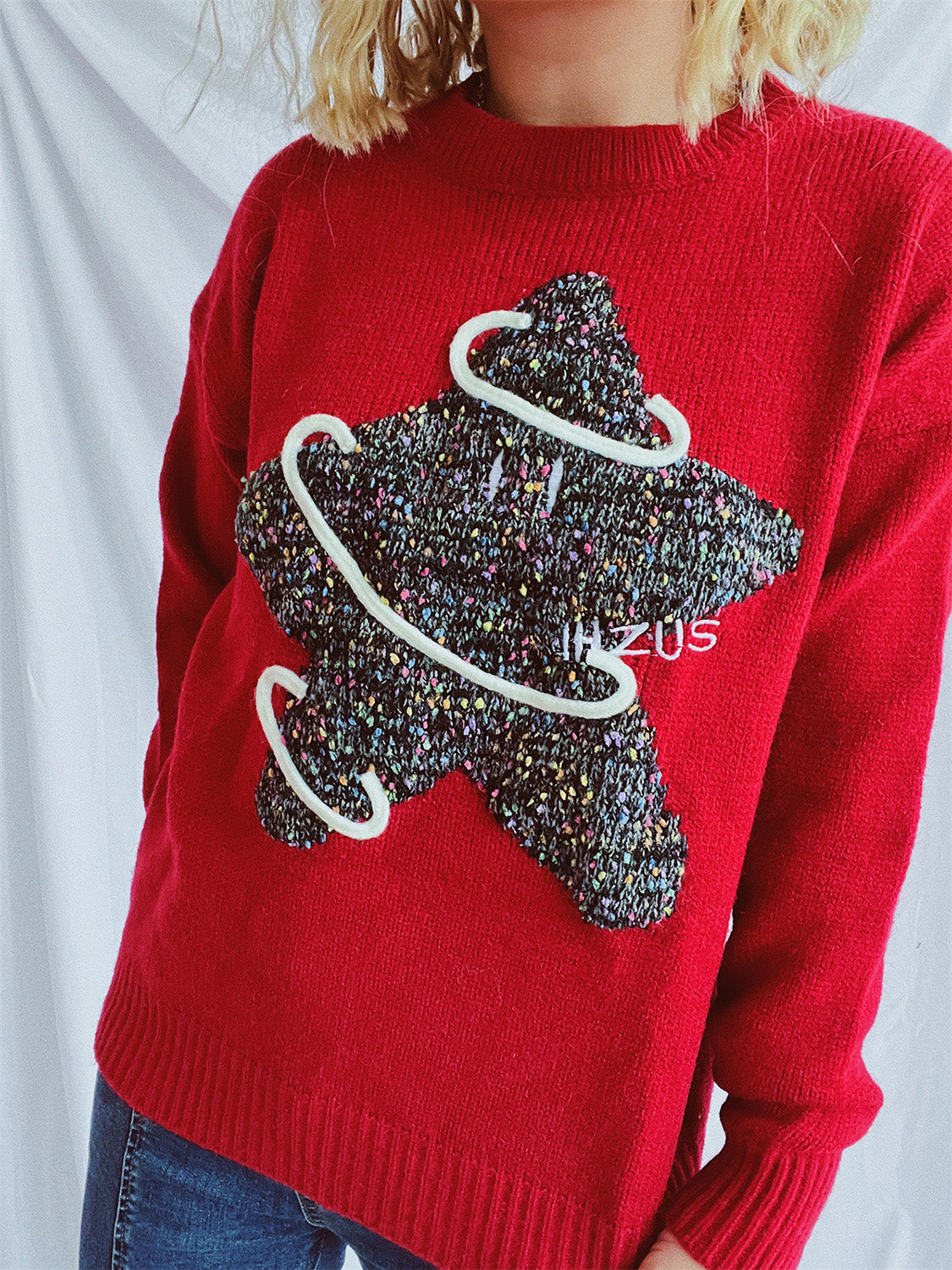 Contrast Star Round Neck Long Sleeve Sweater-BT8D