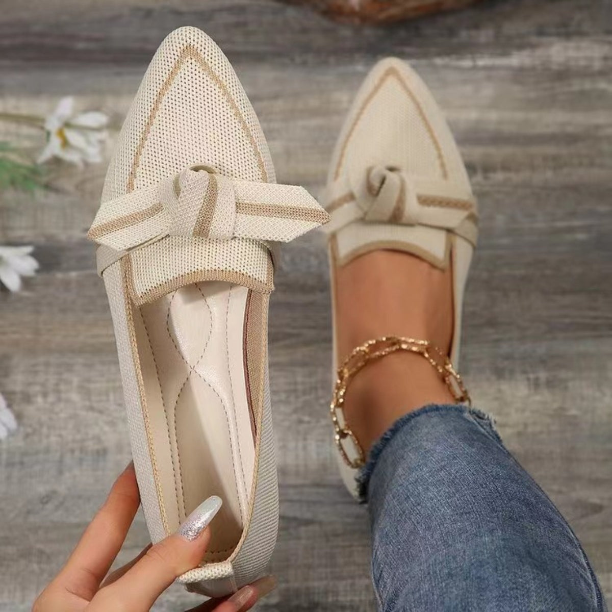 Bow Contrast Trim Point Toe Loafers-BT8D