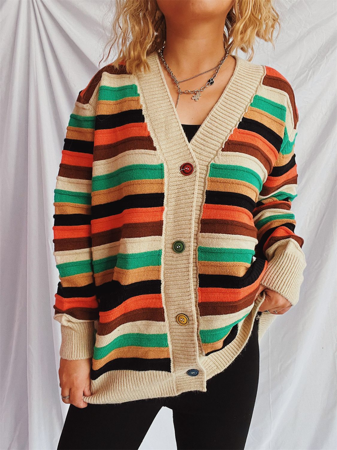 Contrast Stripes Button Up Long Sleeve Cardigan-BT8D