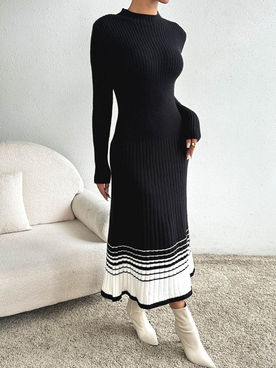 Contrast Mock Neck Long Sleeve Sweater Dress-BT8D