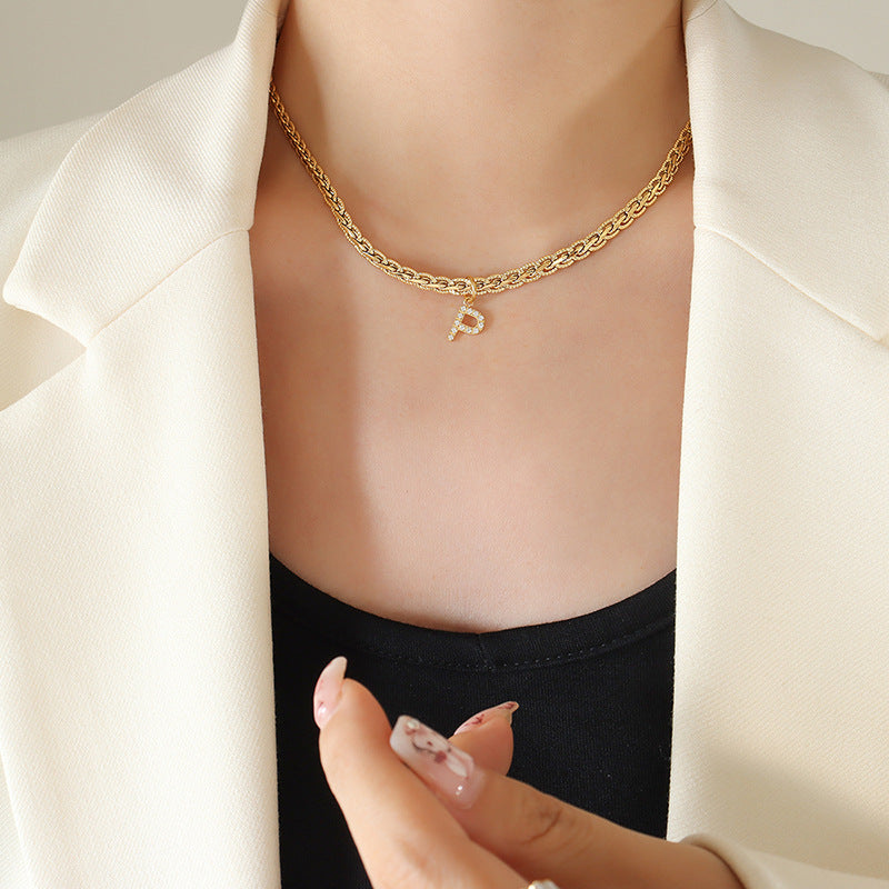 Brass Inlaid Zircon Letter Pendant Necklace-BT8D