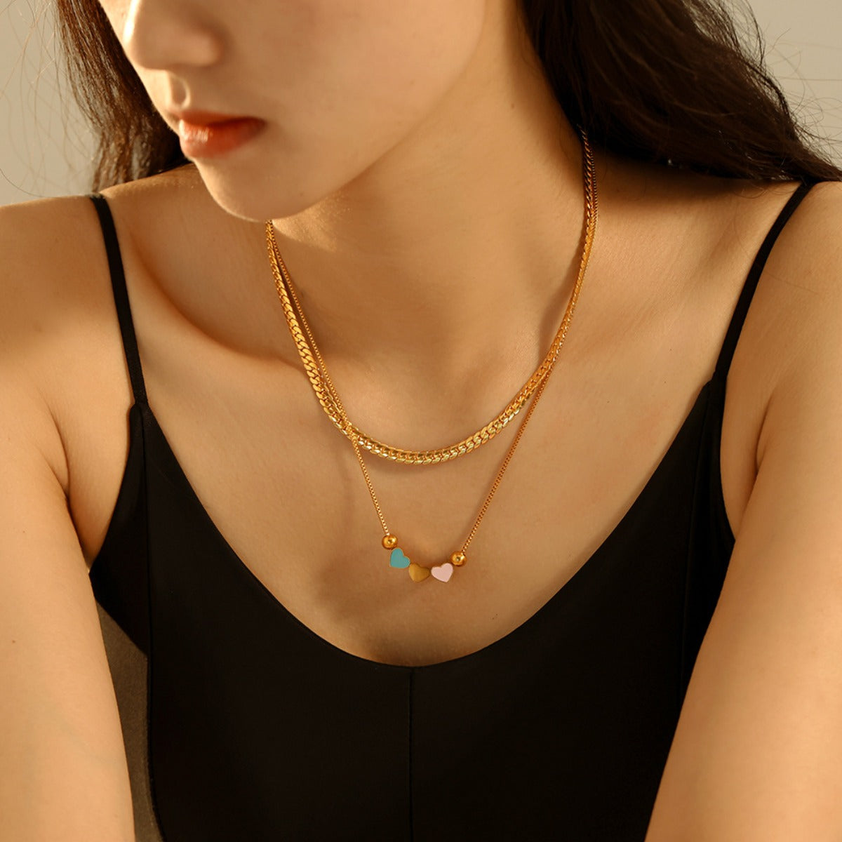 18K Gold-Plated Double Layered Heart Necklace-BT8D