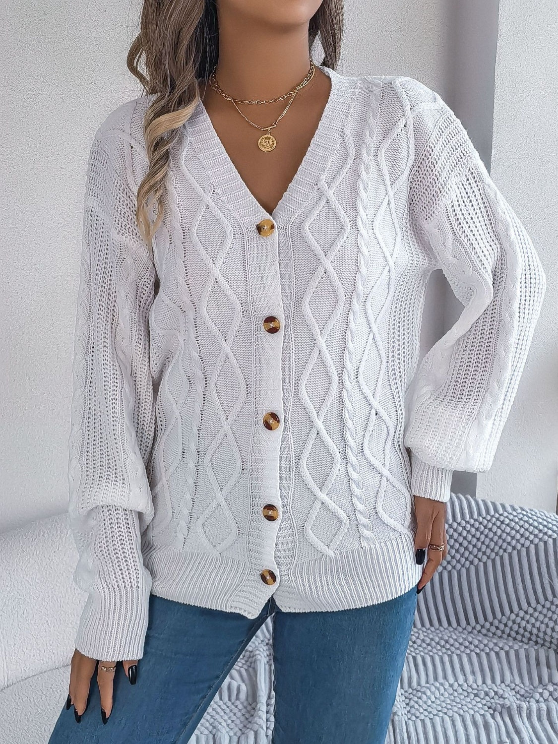 Cable-Knit Long Sleeve Cardigan-BT8D