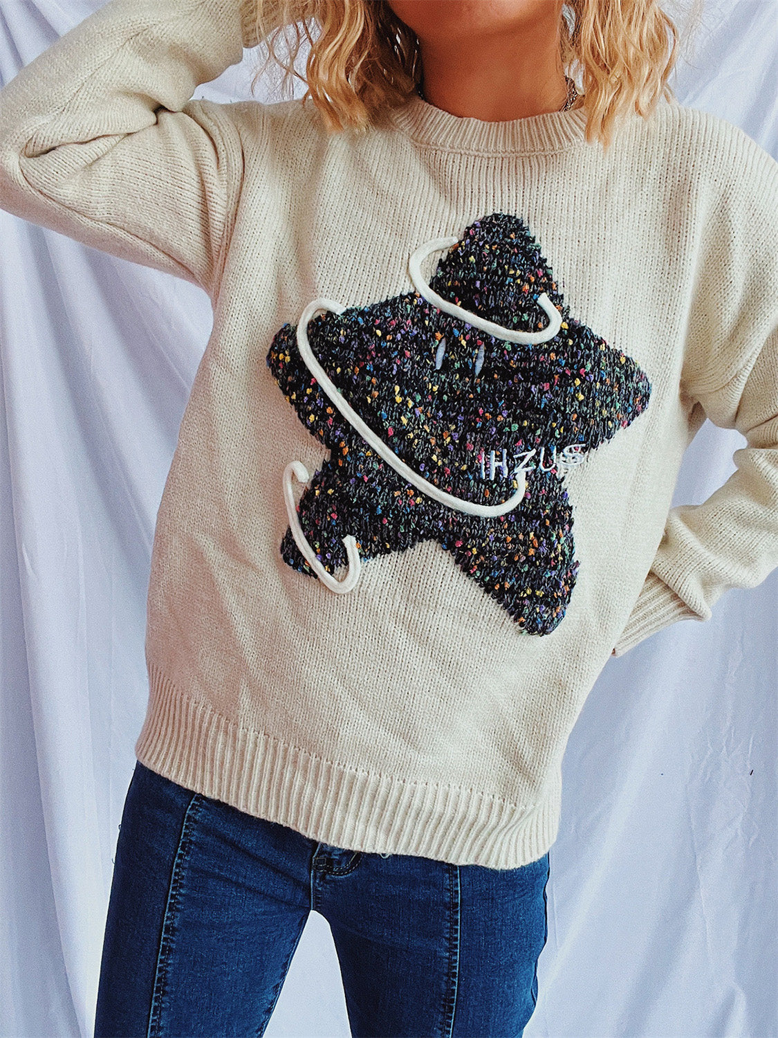 Contrast Star Round Neck Long Sleeve Sweater-BT8D