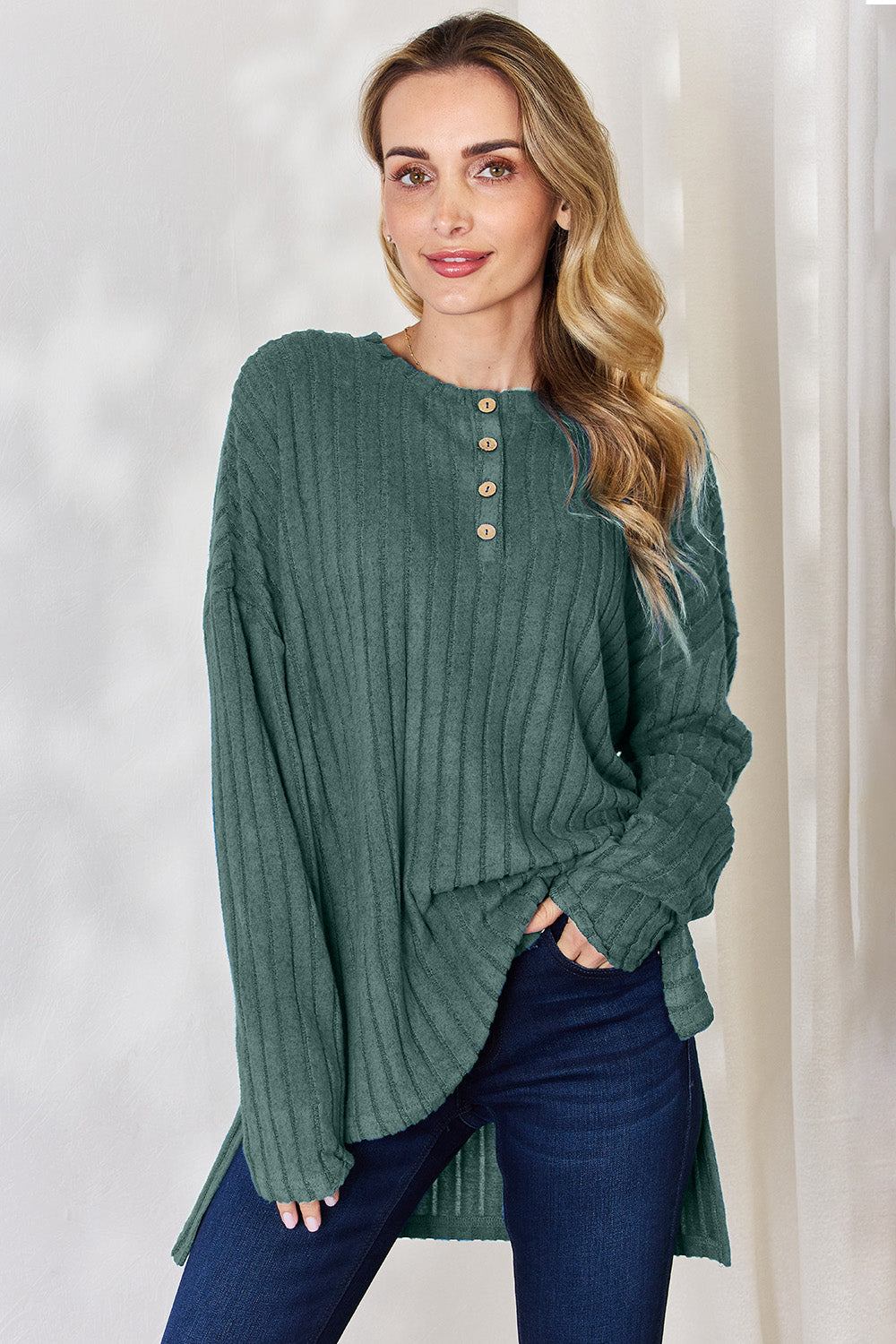 Basic Bae Full Size Ribbed Half Button Long Sleeve High-Low T-Shirt-BT8D