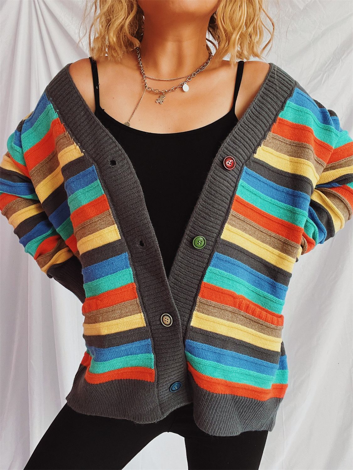 Contrast Stripes Button Up Long Sleeve Cardigan-BT8D