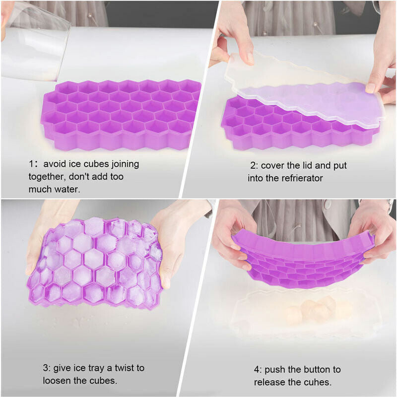 Ice Cube Tray, Set of 2 Honeycomb Shape Silicone Ice Cube Mold with Lid Storage