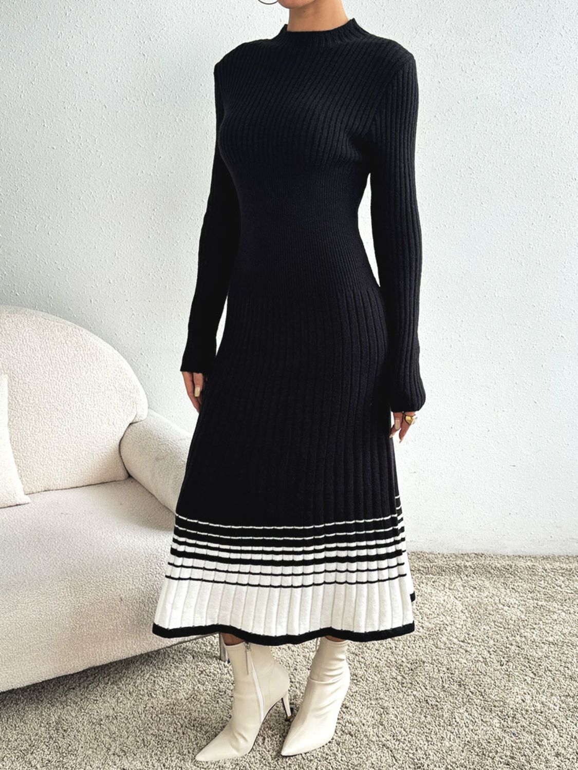 Contrast Mock Neck Long Sleeve Sweater Dress-BT8D