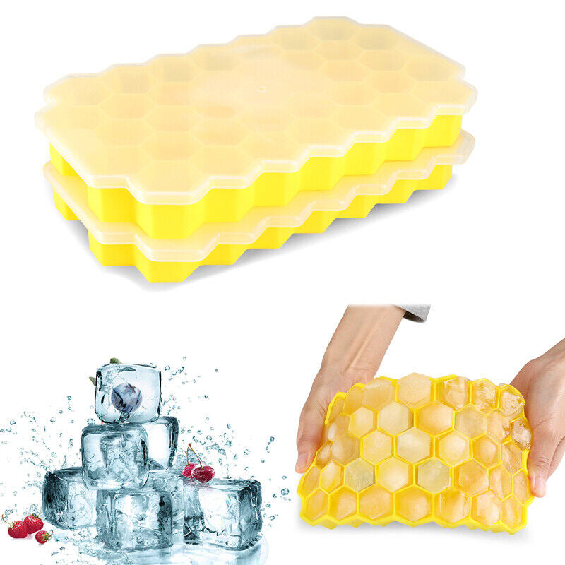 Ice Cube Tray, Set of 2 Honeycomb Shape Silicone Ice Cube Mold with Lid Storage