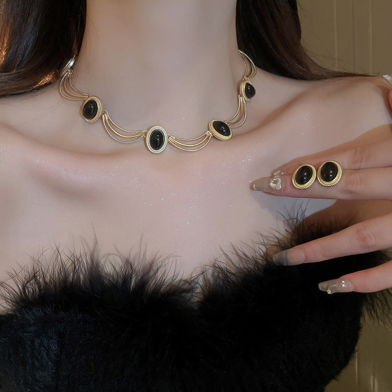 Alloy Oval Gemstone Necklace-BT8D
