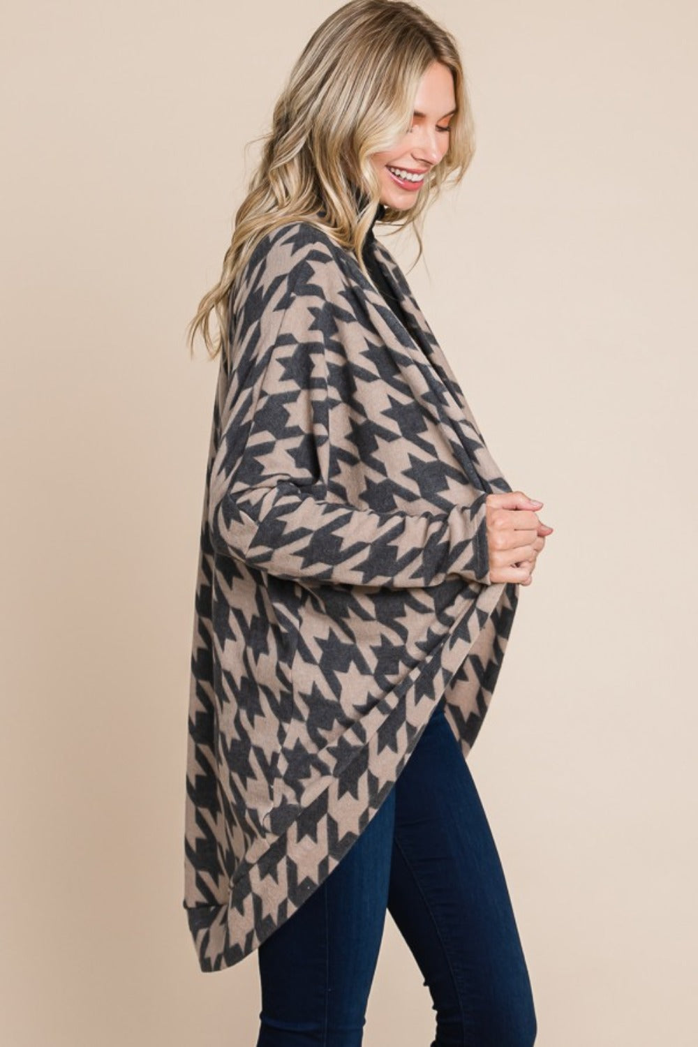 BOMBOM Houndstooth Open Front Cocoon Knit Cardigan-BT8D