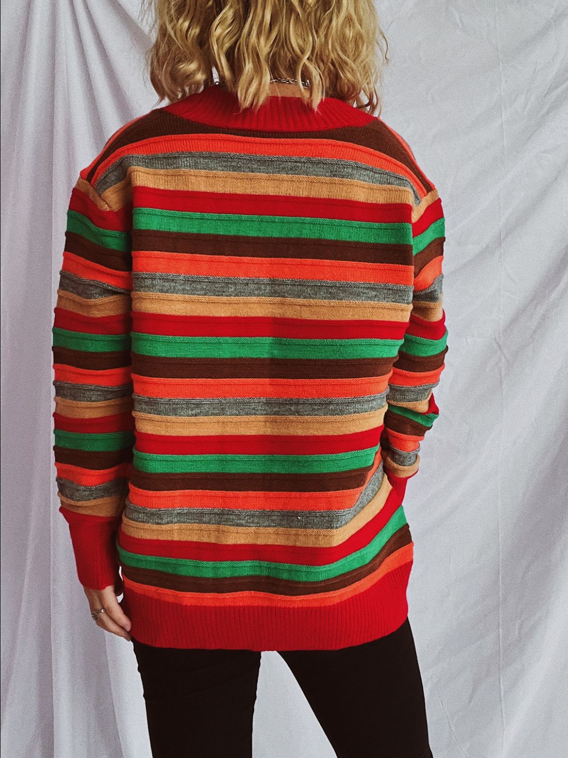 Contrast Stripes Button Up Long Sleeve Cardigan-BT8D