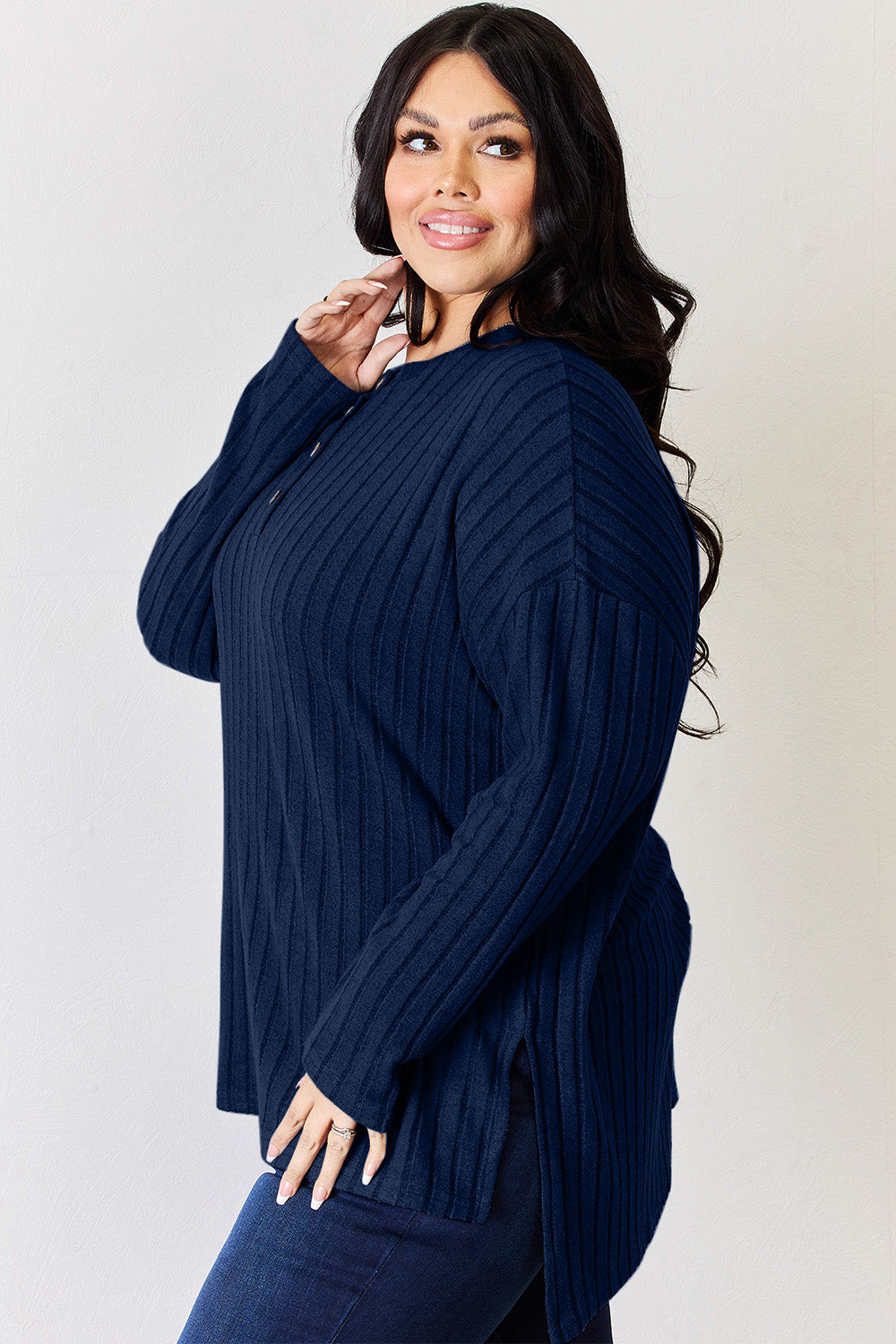 Basic Bae Full Size Ribbed Half Button Long Sleeve High-Low T-Shirt-BT8D