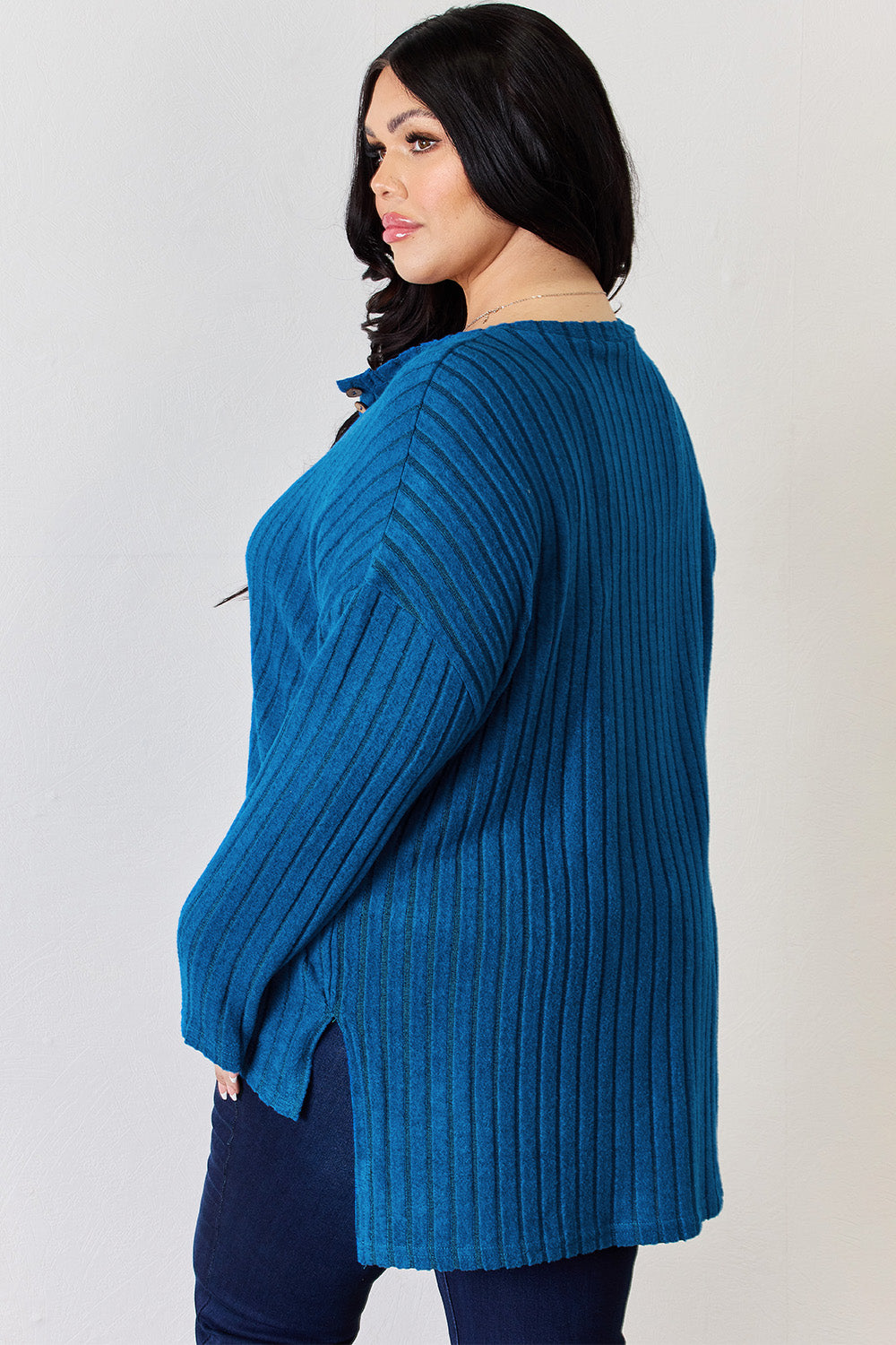 Basic Bae Full Size Ribbed Half Button Long Sleeve High-Low T-Shirt-BT8D