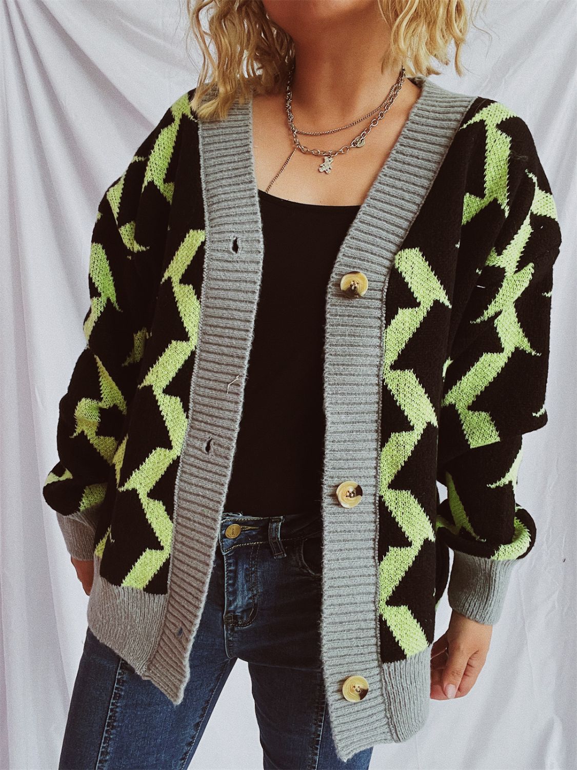 Contrast Trim Geometric V-Neck Long Sleeve Cardigan-BT8D
