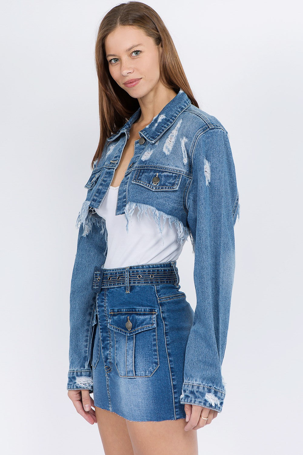 American Bazi Distressed Denim Jacket with Frayed Hem-BT8D