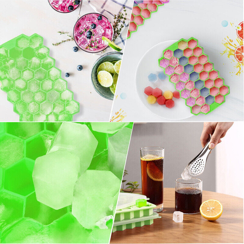 Ice Cube Tray, Set of 2 Honeycomb Shape Silicone Ice Cube Mold with Lid Storage