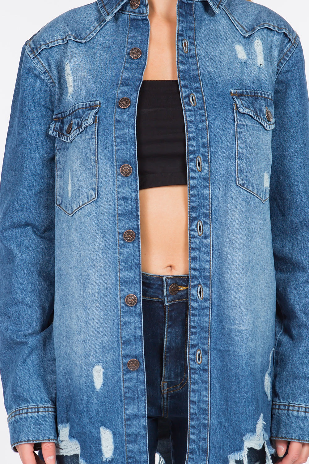 American Bazi Distressed Frayed Hem Denim Jacket-BT8D