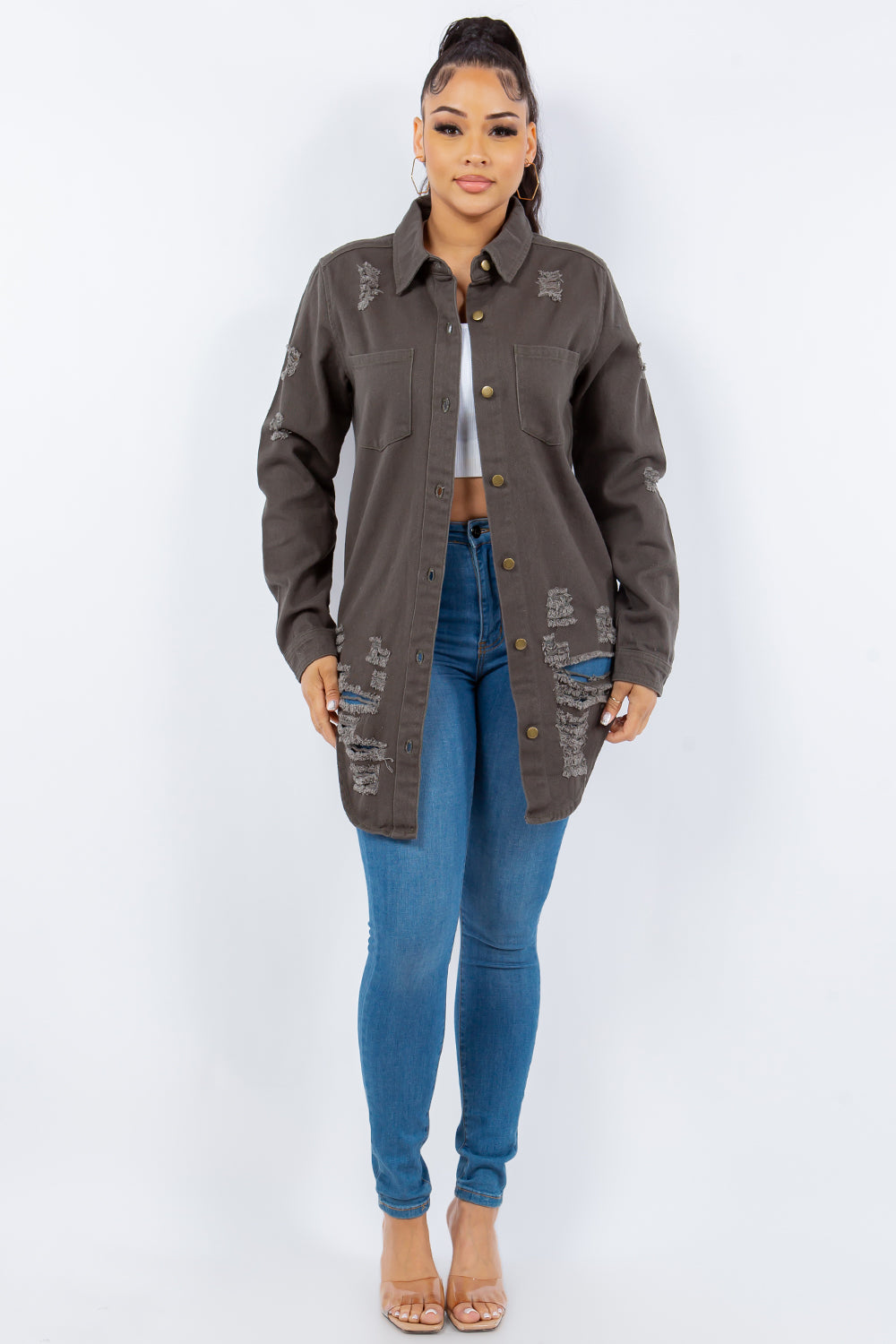 American Bazi Distressed Button Up Long Sleeve Denim Jacket-BT8D