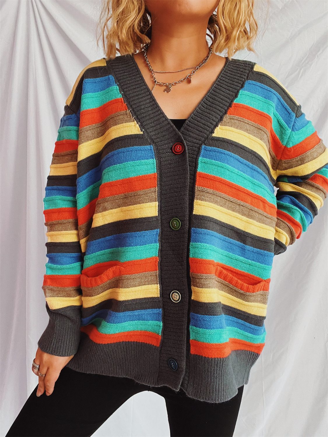 Contrast Stripes Button Up Long Sleeve Cardigan-BT8D