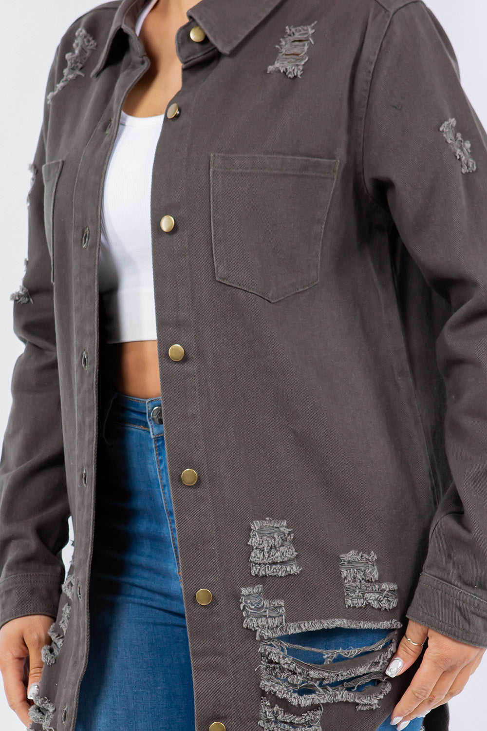 American Bazi Distressed Button Up Long Sleeve Denim Jacket-BT8D