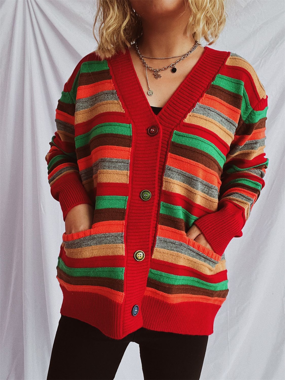 Contrast Stripes Button Up Long Sleeve Cardigan-BT8D