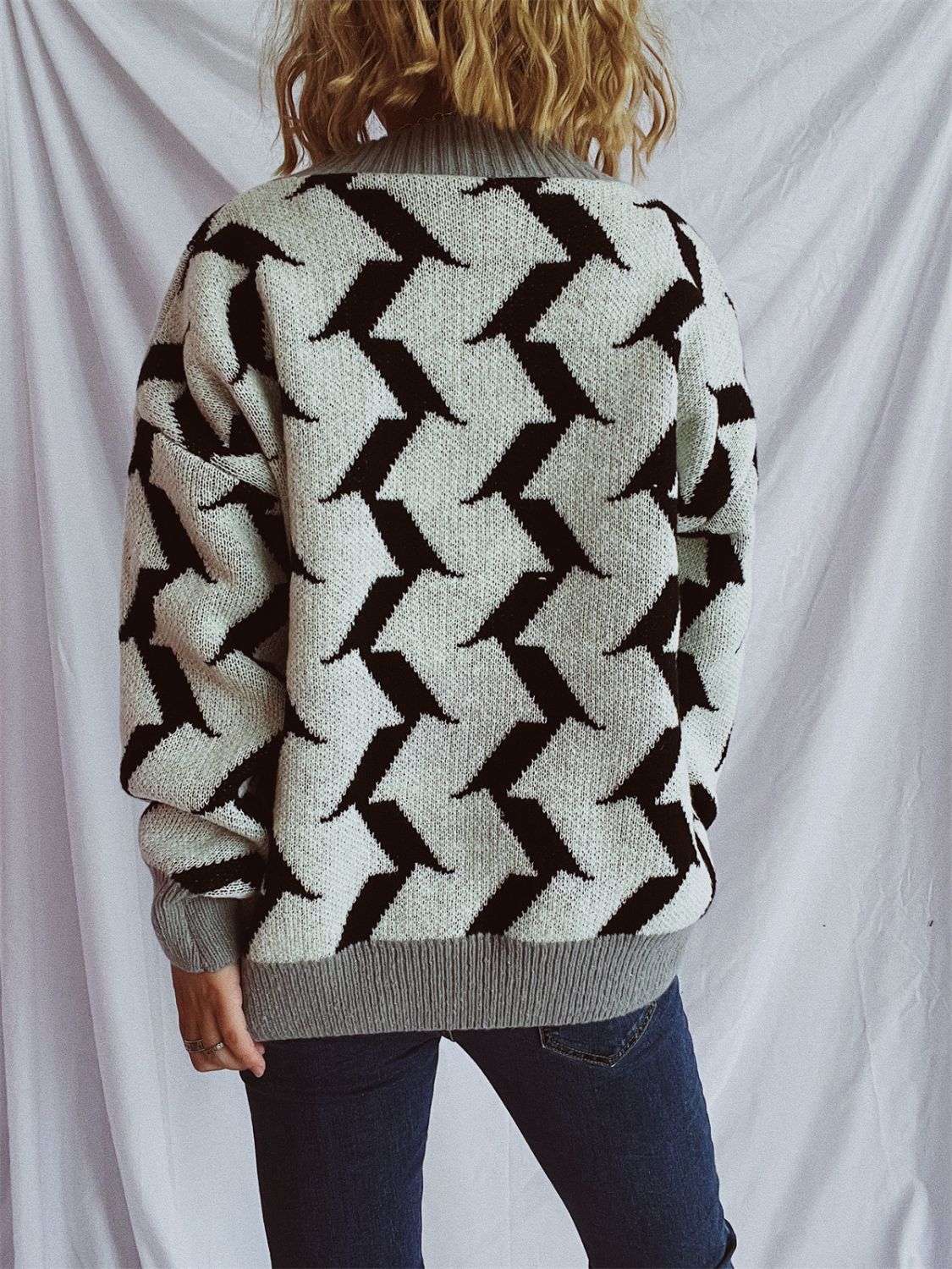 Contrast Trim Geometric V-Neck Long Sleeve Cardigan-BT8D
