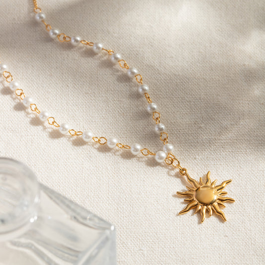 18K Gold-Plated Pearl Sun Necklace-BT8D