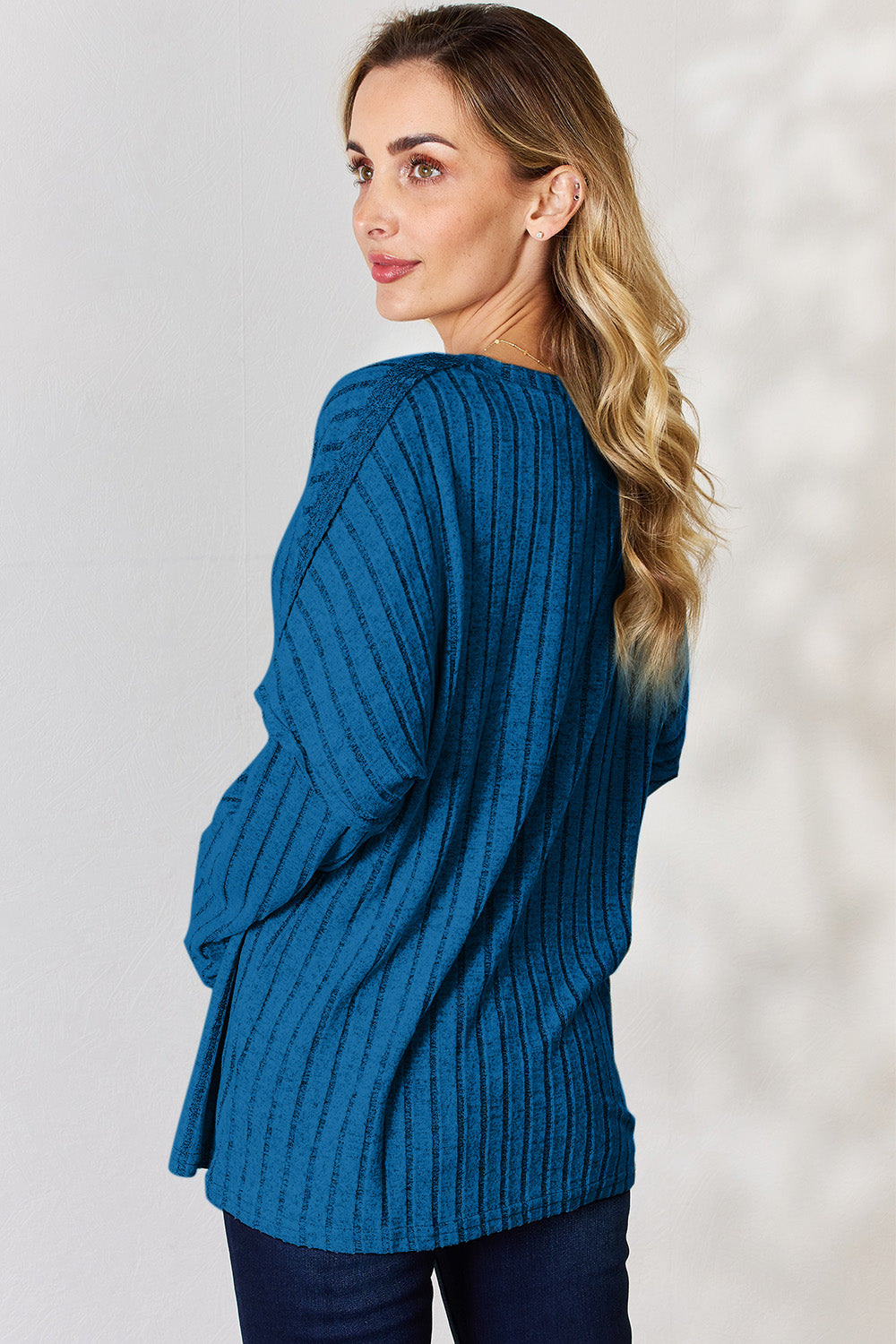 Basic Bae Full Size Ribbed Half Button Long Sleeve T-Shirt-BT8D