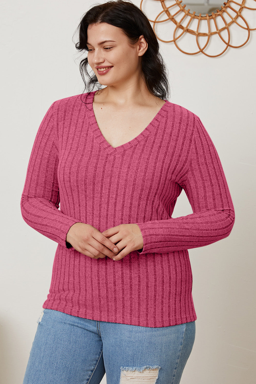 Basic Bae Full Size Ribbed V-Neck Long Sleeve T-Shirt-BT8D