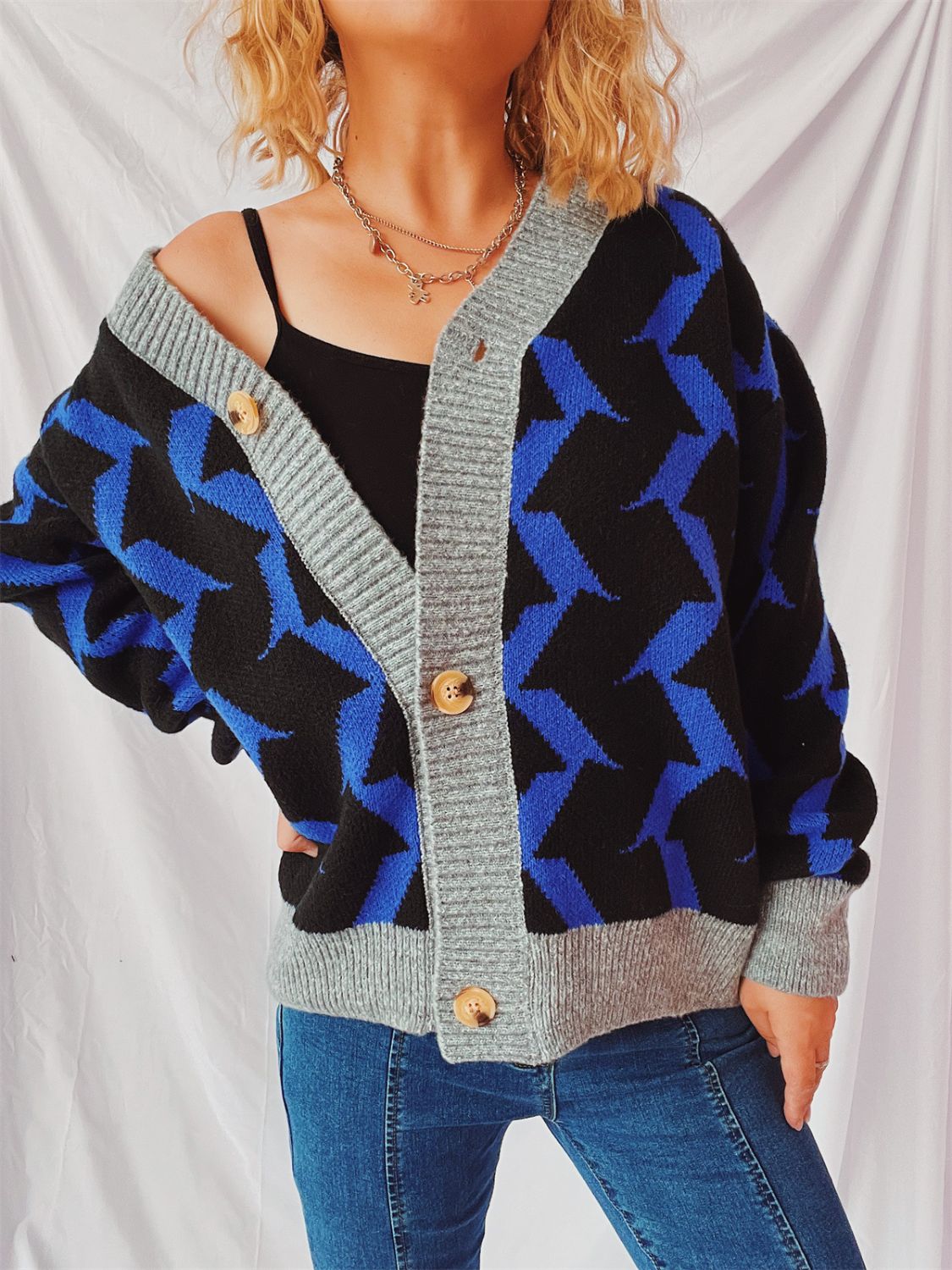 Contrast Trim Geometric V-Neck Long Sleeve Cardigan-BT8D