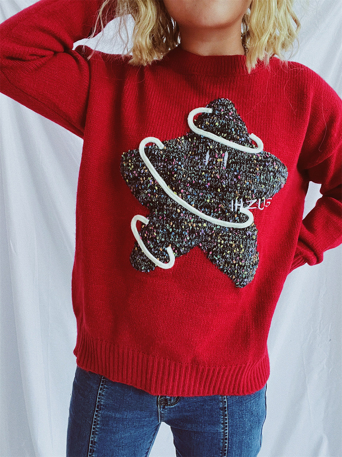Contrast Star Round Neck Long Sleeve Sweater-BT8D