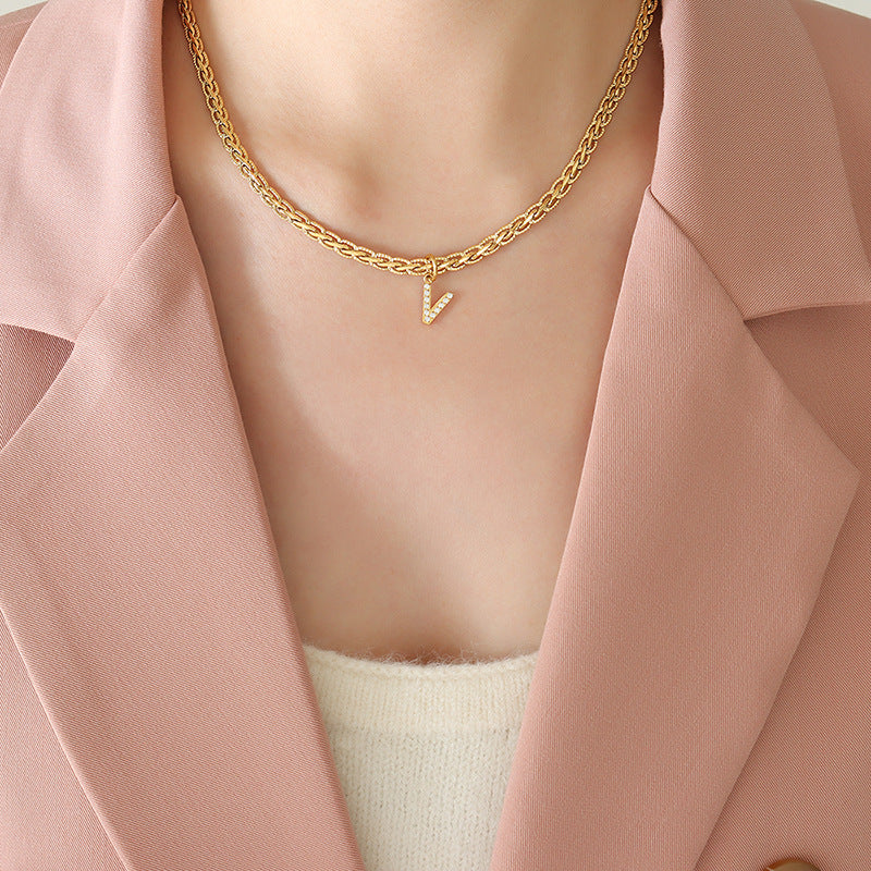 Brass Inlaid Zircon Letter Pendant Necklace-BT8D