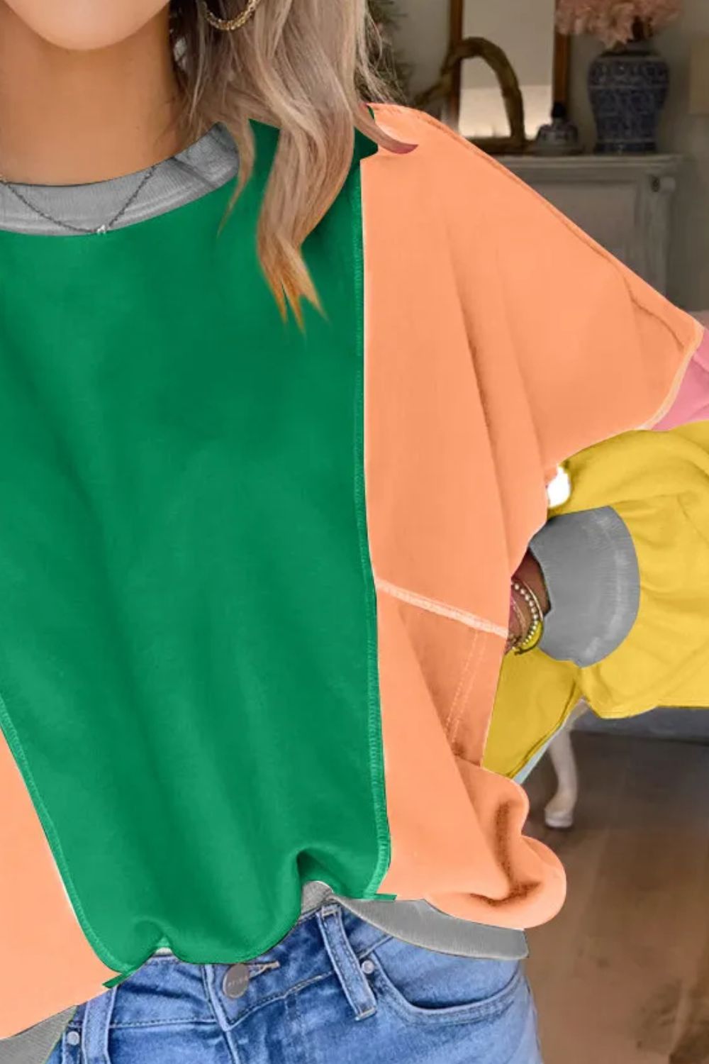 Color Block Round Neck Long Sleeve Top-BT8D