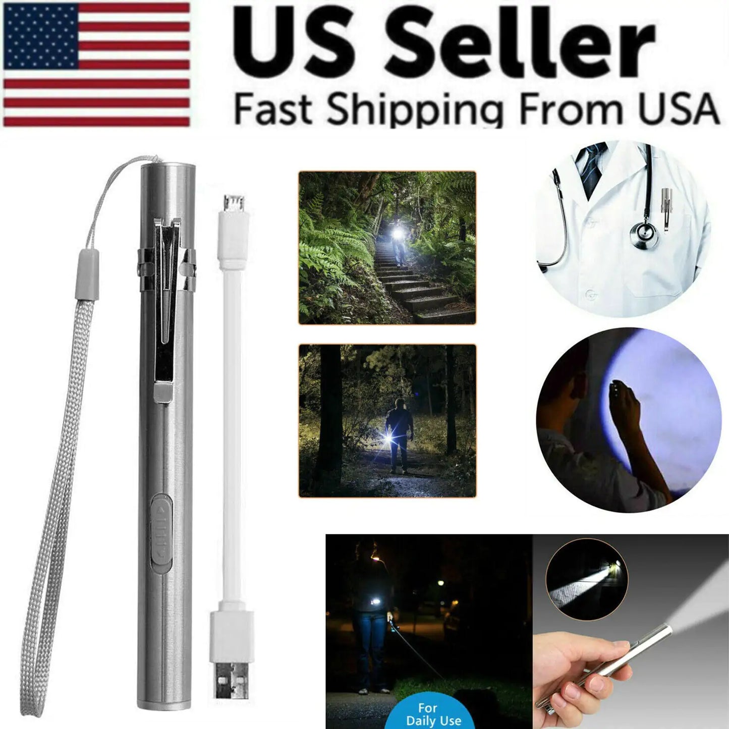 5" LED USB Rechargeable Mini Tactical Flashlight Stainless Steel Torch Pen Light-BT8D