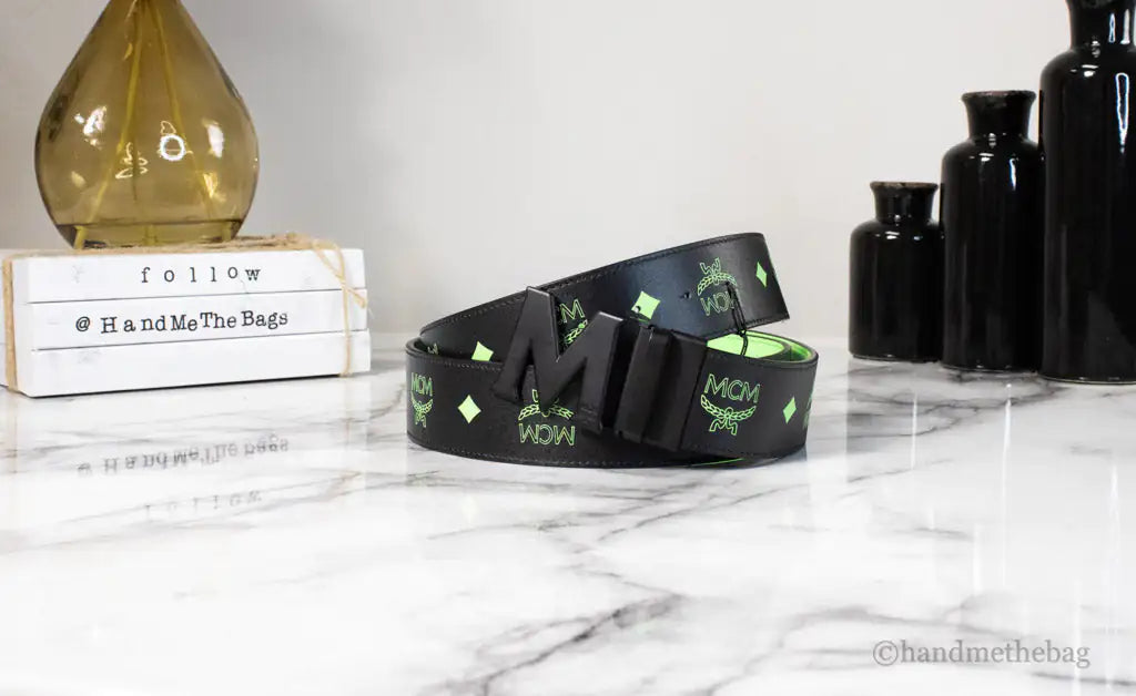 MCM Smooth Visetos Logo Summer Green Leather Adjustable Reversible M Buckle Belt