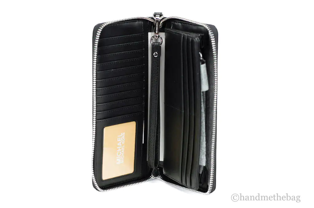 Michael Kors Jet Set Travel Large Black Leather Silver Continental Wrist Wallet