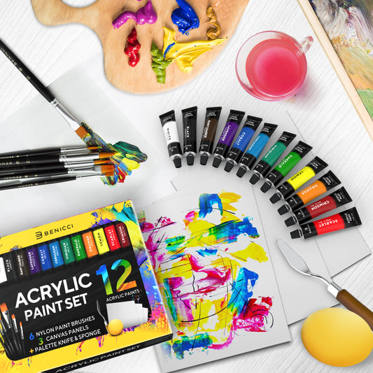 Acrylic Paint Set for Kids, Artists and Adults - 12 Vibrant Colors, 6 Brushes and 3 Paint Canvases - Perfect for Beginners or Professionals-BT8D