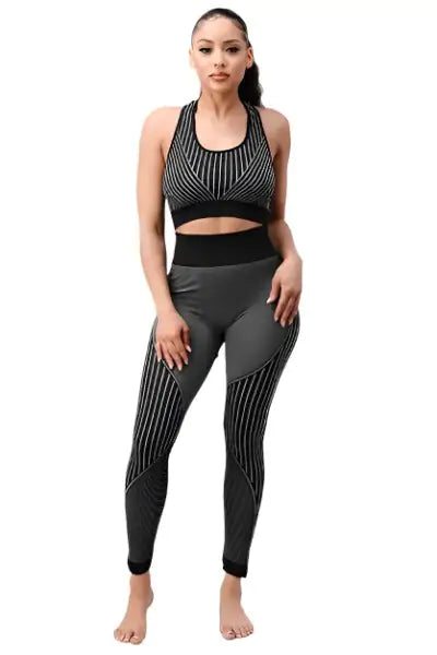 2 Piece Outfits for Women's - Seamless Ribbed Yoga Outfits Sports Bra and Leggings Set-BT8D