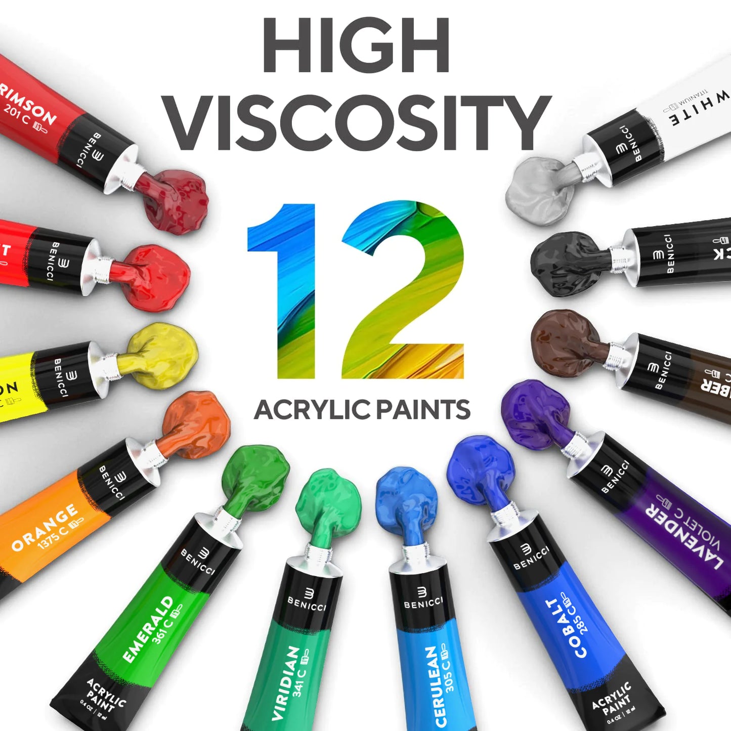 Acrylic Paint Set for Kids, Artists and Adults - 12 Vibrant Colors, 6 Brushes and 3 Paint Canvases - Perfect for Beginners or Professionals-BT8D