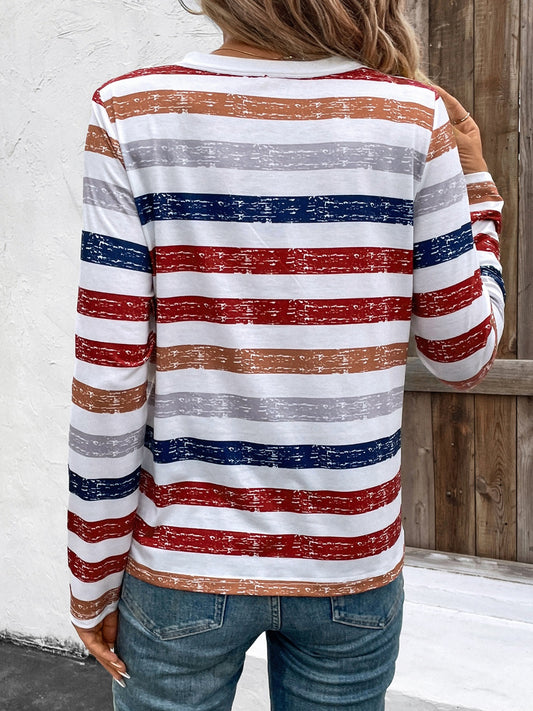 Contrast Striped V-Neck Long Sleeve T-Shirt-BT8D