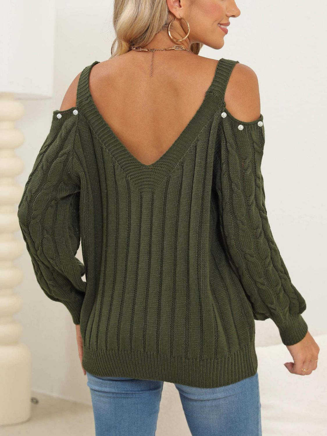 Cable-Knit Cold Shoulder Sweater-BT8D