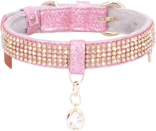 Cat Collar, Dog Collar, [Bling Rhinestones] Premium PU Leather with Pendant Adjustable Collars for Small to Medium Dog Medium Pink-BT8D
