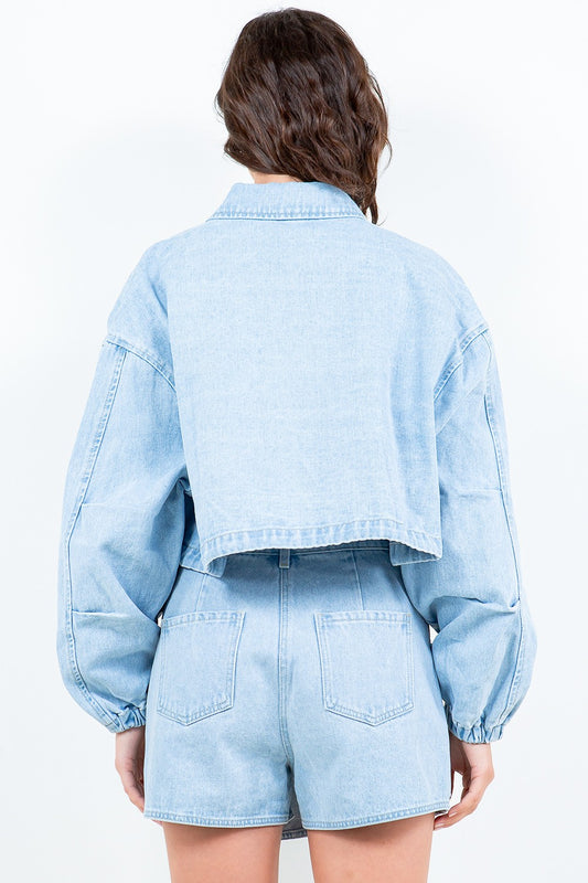 American Bazi Drawstring Waist Crop Denim Jacket-BT8D