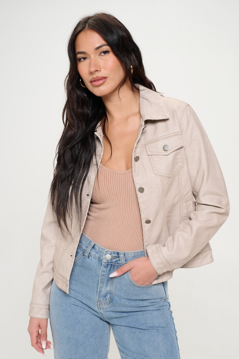 Coalition LA Button Down Cargo Vegan Leather Shacket-BT8D