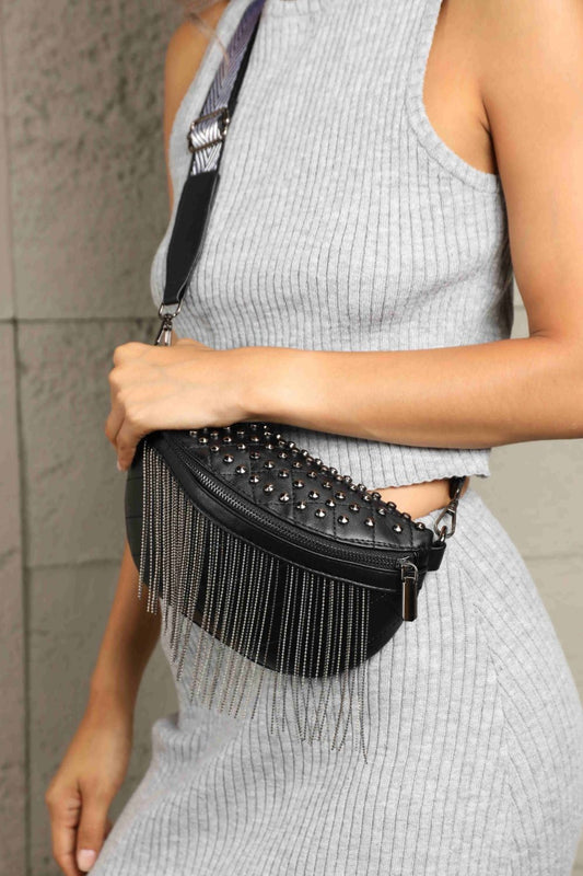 PU Leather Studded Sling Bag With Fringes