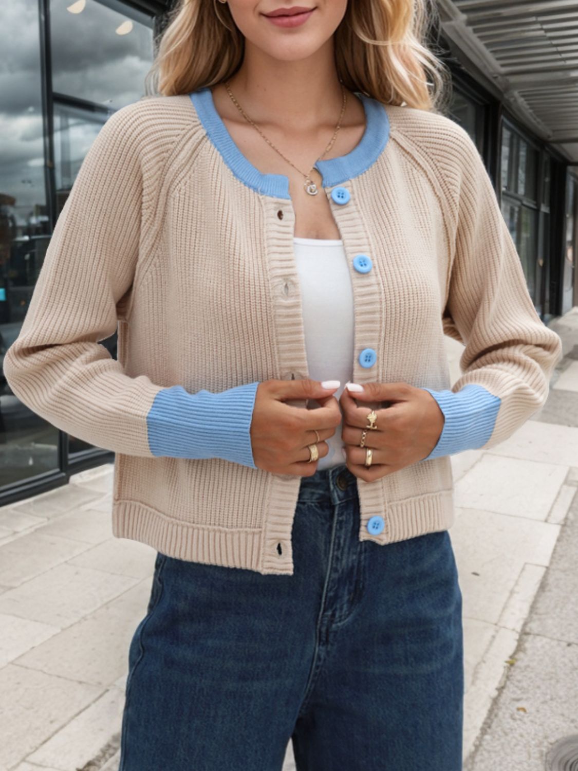 Contrast Button Up Long Sleeve Cardigan-BT8D