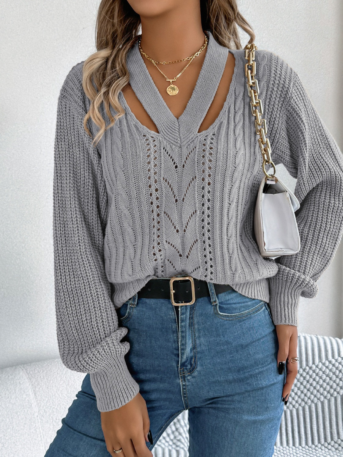 Cutout V-Neck Long Sleeve Sweater-BT8D
